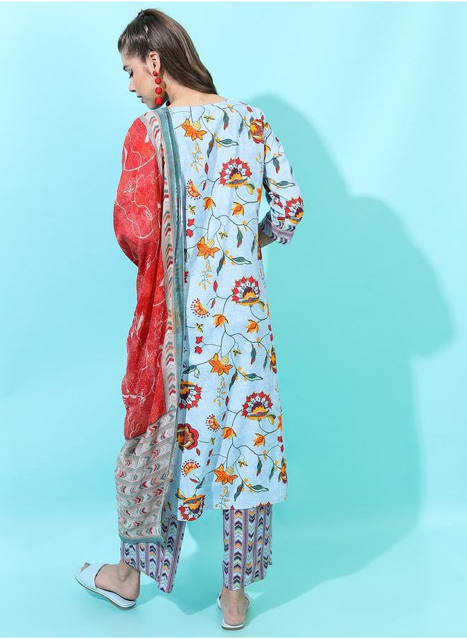 Vishudh - Women Blue Floral Cotton Kurta Set with Trouser and Dupatta by Styli - Image 1