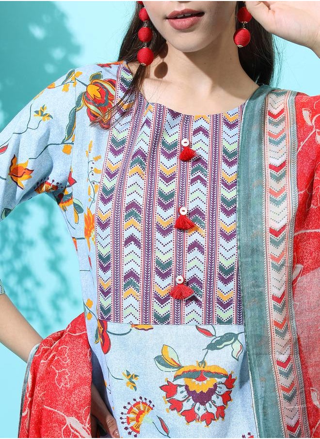 Vishudh - Women Blue Floral Cotton Kurta Set with Trouser and Dupatta by Styli - Image 1