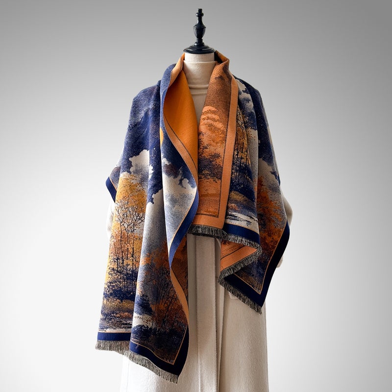 2025 New Chinese Style Ink Painting Landscape Imitation Cashmere Shawl Winter Retro National Style Jacquard Warm Scarf Outerwear Neck Wrap - Image 3