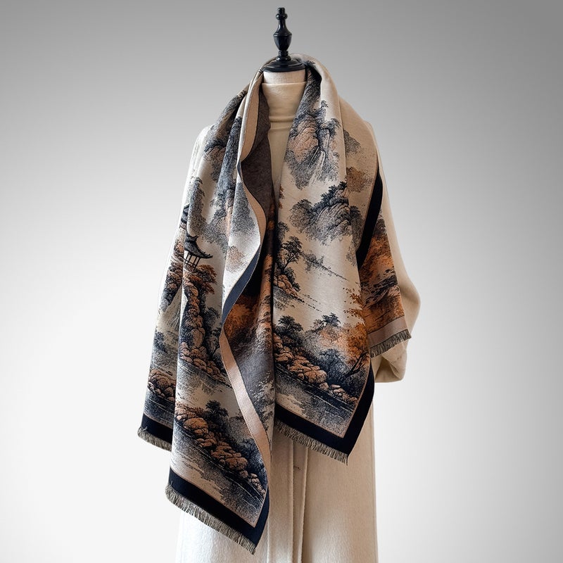 2025 New Chinese Style Ink Painting Landscape Imitation Cashmere Shawl Winter Retro National Style Jacquard Warm Scarf Outerwear Neck Wrap - Image 2