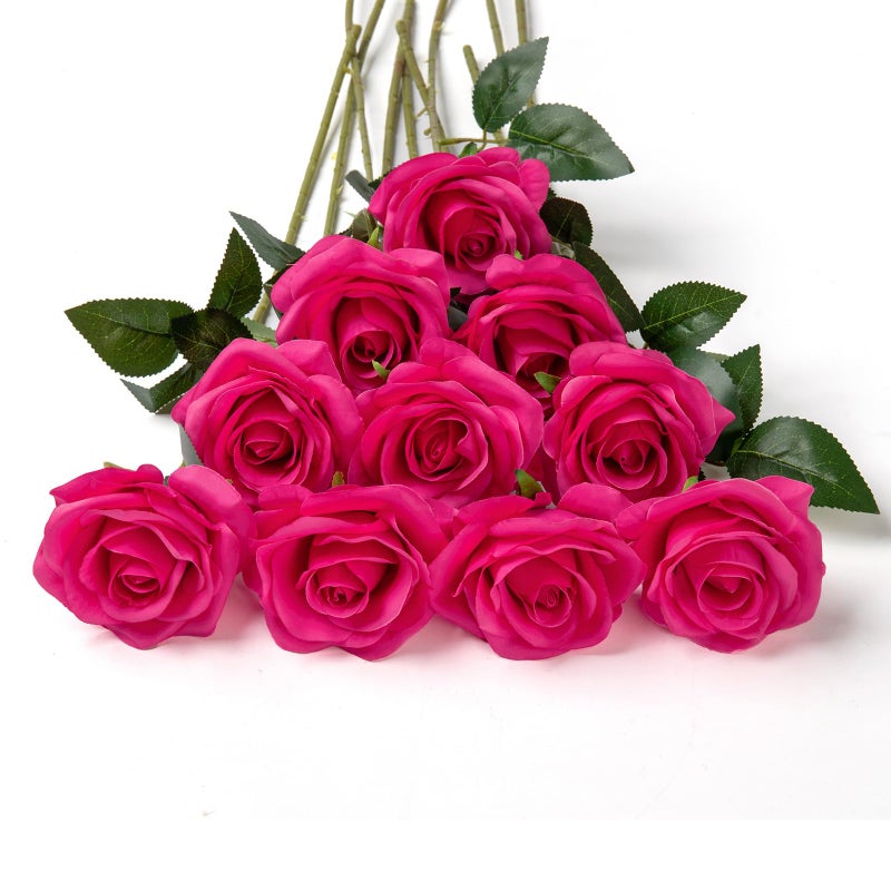 DuHouse 10pcs Silk Roses Artificial Flowers Fake Rose for Arrangement Wedding Party Home DecorationFuchsia