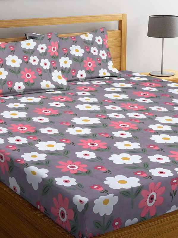New Leaf NEW LEAF 100 Cotton 220 TC Printed Bedsheet for Double Bed with 2 King Size Pillow Covers for Summer Breathable Soft Wrinklefree Soft Touch Skin Friendly 230 X 240 Cm White Pink Grey  - Image 3