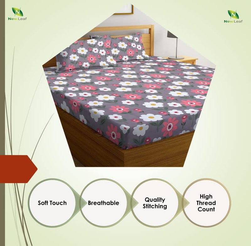 New Leaf NEW LEAF 100 Cotton 220 TC Printed Bedsheet for Double Bed with 2 King Size Pillow Covers for Summer Breathable Soft Wrinklefree Soft Touch Skin Friendly 230 X 240 Cm White Pink Grey  - Image 5