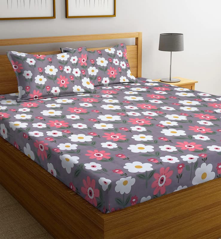 New Leaf NEW LEAF 100 Cotton 220 TC Printed Bedsheet for Double Bed with 2 King Size Pillow Covers for Summer Breathable Soft Wrinklefree Soft Touch Skin Friendly 230 X 240 Cm White Pink Grey  - Image 1