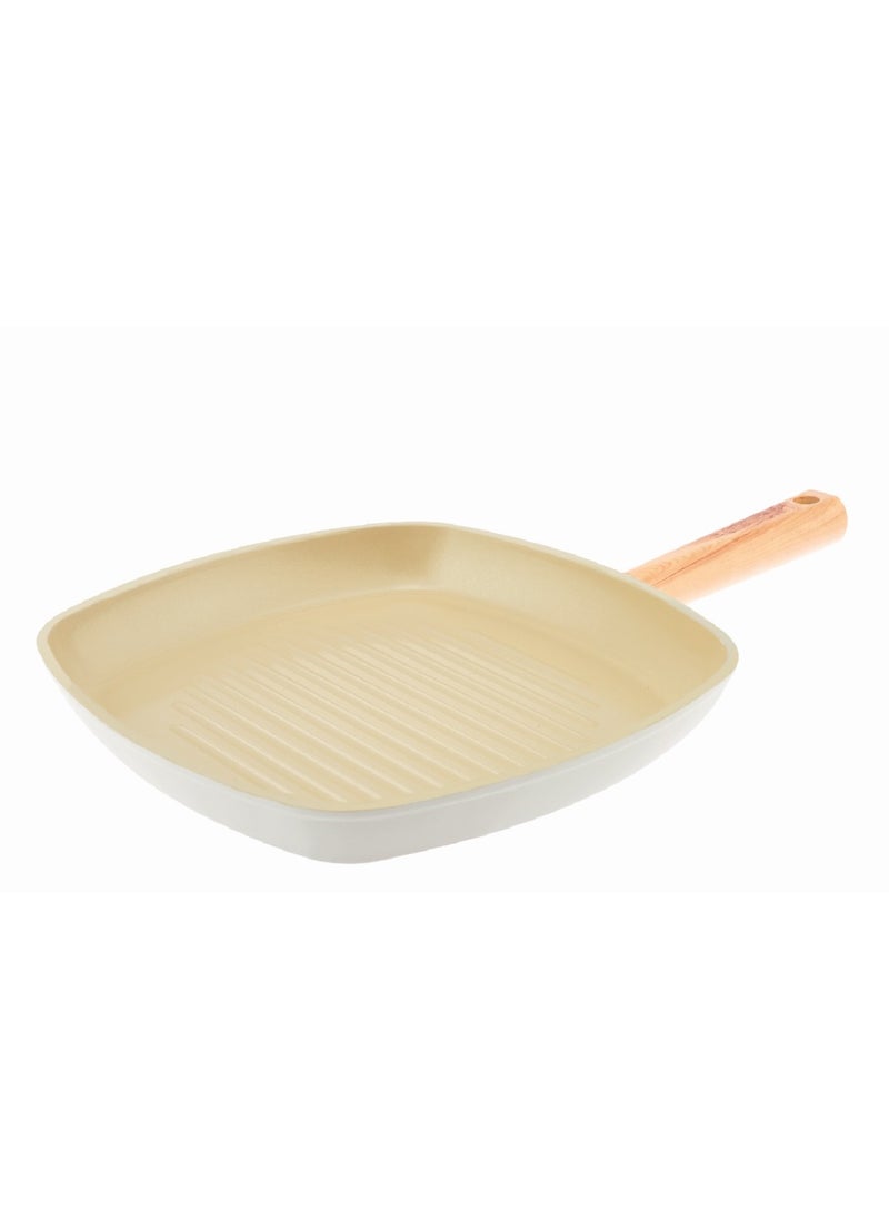 Homemaker Swiss Crystal High Quality Ceramic Coating Non-Stick Grill Pan - 28cm - Natural Wood Handle - Beige  - Image 2