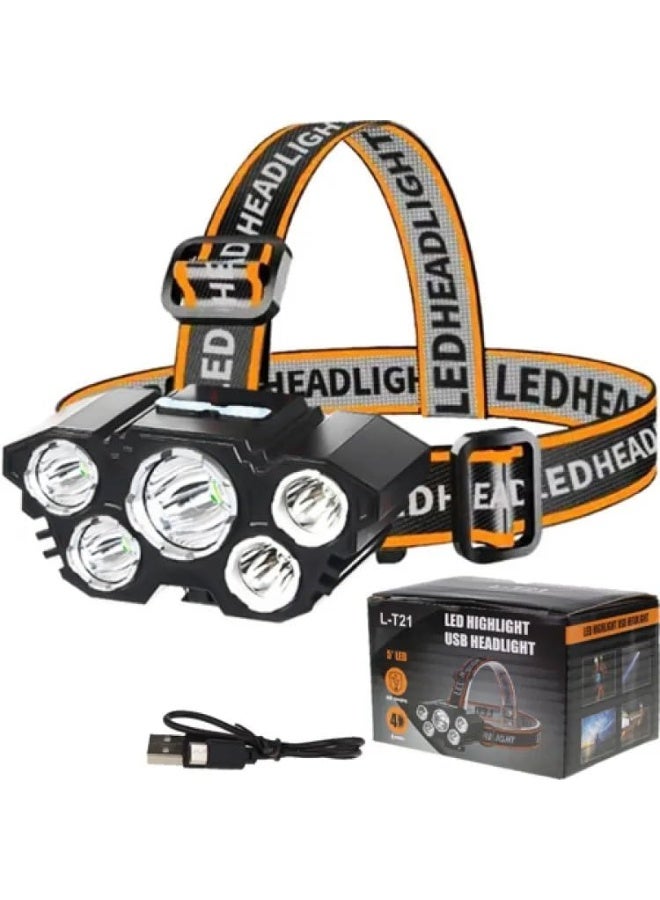 L-T21 Rechargeable LED Headlamp with USB Charging – 5 High-Brightness LEDs, 4 Lighting Modes, Waterproof Head Torch for Night Camping, Hiking, Cycling and Outdoor Activities - Image 4