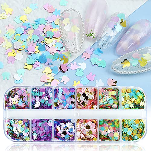 TBRZTR Rabbit Nail Art Glitter Sequins 12 Grids Nail Sequins 3D Holographic Rabbit Nail Decals Flakes for Acrylic Nails Manicure Paillettes Ultrathin Glitters Nail Art Supplies for Women Nail Art Decoration - Image 1