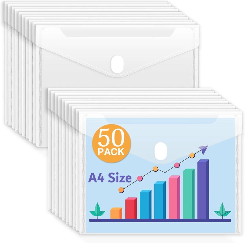 Campio A4 Document File Bag, Transparent Envelope Holder Storage Case, Snap Button Organizer, Clear Plastic Container for Papers, Stationery, Office Supplies, Pack of 50 - Image 1