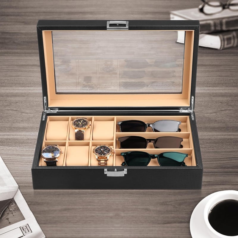 Circle M 6-Slot Watch & Sunglasses Organizer Box: Glass Top Premium Black Leather Display Case