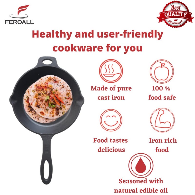 Feroall Feroall Cast Iron Pre Seasoned Tadka Pan and SkilletFry Pan 75 inch 19 cm Cookware Combo Set Induction Gas Stove Electric Compatible Black  - Image 5