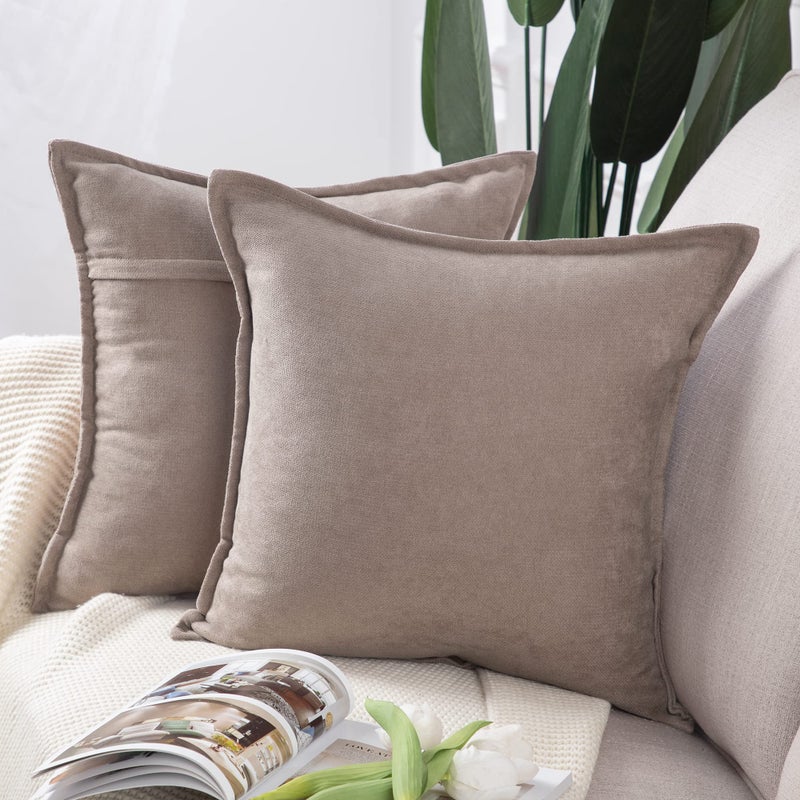 Madizz Set of 2 Short Chenille Throw Pillow Covers 20x20 Inch Light Taupe Soft Decorative Cushion Cover for Sofa Bedroom Pillow Shell