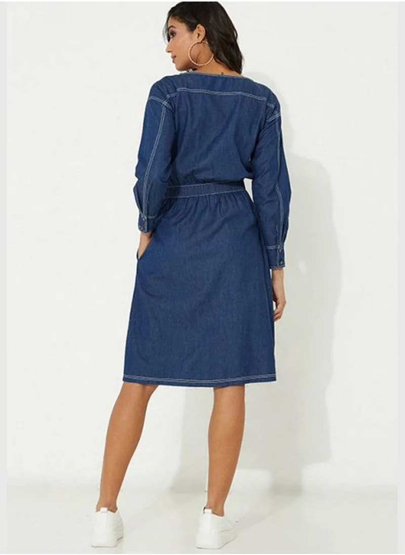 ايروبوستال Denim Elastic Fitted Waist Midi Dress