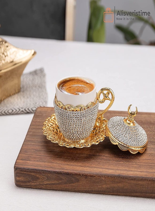 Alisveristime Turkish Coffee Cup Set - Authentic Turkish Greek Arabic Coffee Espresso Cup with Saucer (Enhance Your Coffee Experience Now!) (1 Pc) (Crystal Gelincik Design) (Gold) - Image 2