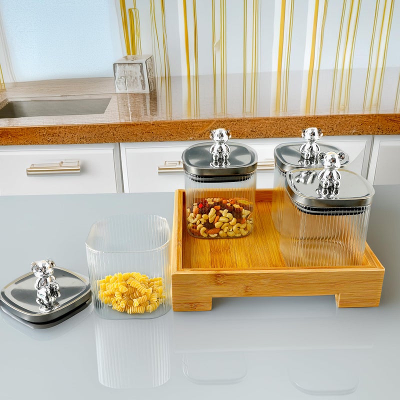 UMAI Platters Serving Set for Snacks with Wooden Tray & 4 Jars (350ml Each) | Premium Soda Lime Glass | Snacks Serving Bowls with Tray | Serving Tray with Bowls for Snacks - Image 1