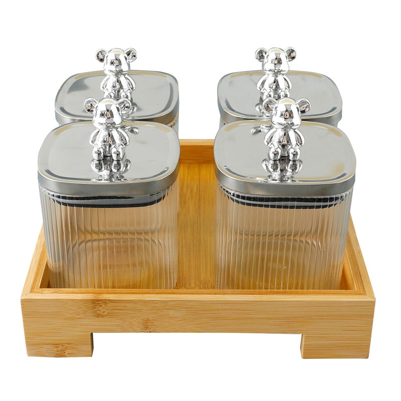 UMAI Platters Serving Set for Snacks with Wooden Tray & 4 Jars (350ml Each) | Premium Soda Lime Glass | Snacks Serving Bowls with Tray | Serving Tray with Bowls for Snacks - Image 2