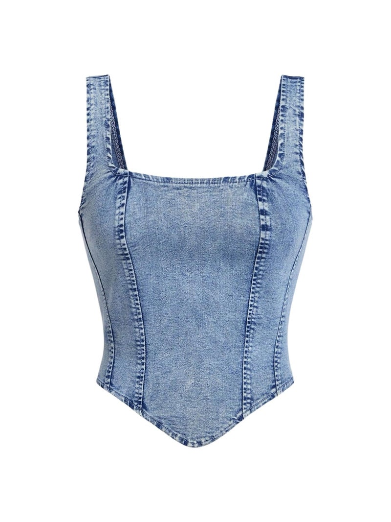 WDIRARA Women's Denim Corset Tank Top Asymmetrical Hem Crop Tops Sleeveless Zip Up Back Tanks Light Wash Medium - Image 1
