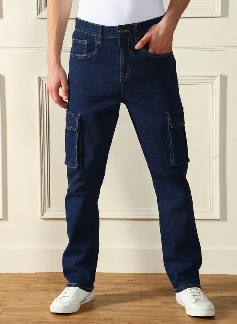 Dennis Lingo Men's Dark Blue 100% Cotton Solid Pattern Full Length Straight Fit Jeans