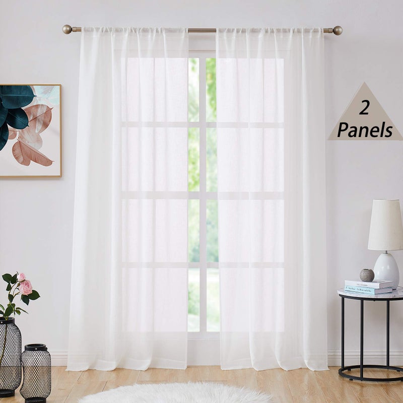Central Park White Sheer Window Curtain Panels Linen Texture Solid Window Treatment Sets Drape Pairs Rod Pocket Curtains for Living and Bedroom Rustic Farmhouse 84 inches Long 2 Panels