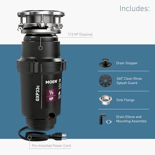 MOEN موين لايت سيريز برو كومباكت للتخلص من النفايات الغذائية المستمر لمغسلة المطبخ مع سلك الطاقة، GXP33C - Image 3