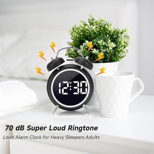 AERYS 4.5-Inch Digital Alarm Clock, Table Clock Double Bell LED Silent Metal Clock with Night Light, Loud Bedside Alarm for Heavy Sleepers, Home, Office, Bedroom, Living Room,Home Decor (Big Black) - Image 3