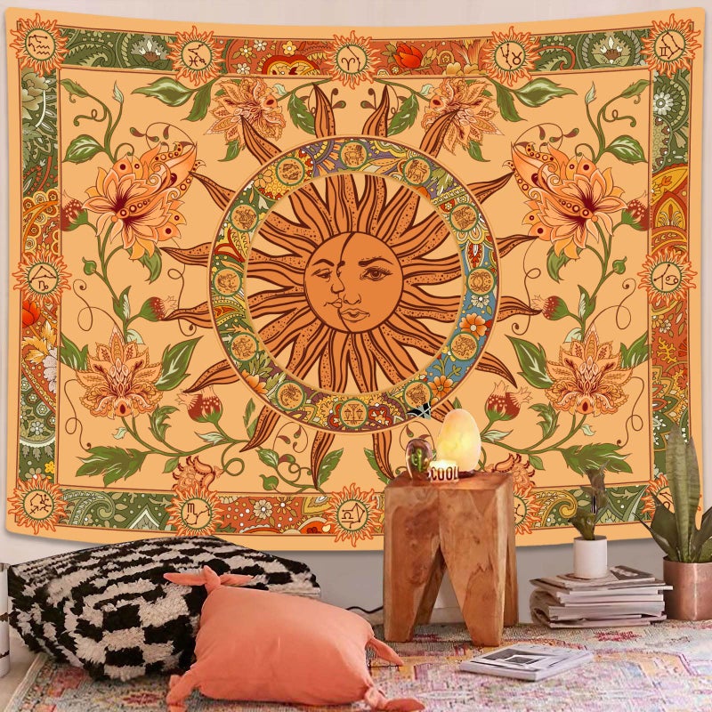 Kanuyee Yellow Sun and Moon Tapestry Vintage Indie Boho Tapestry Wall Hanging with Sunflowers Butterfly Moth Constellation Aesthetic Wall Tapestries for Room Decor 35high  47wide