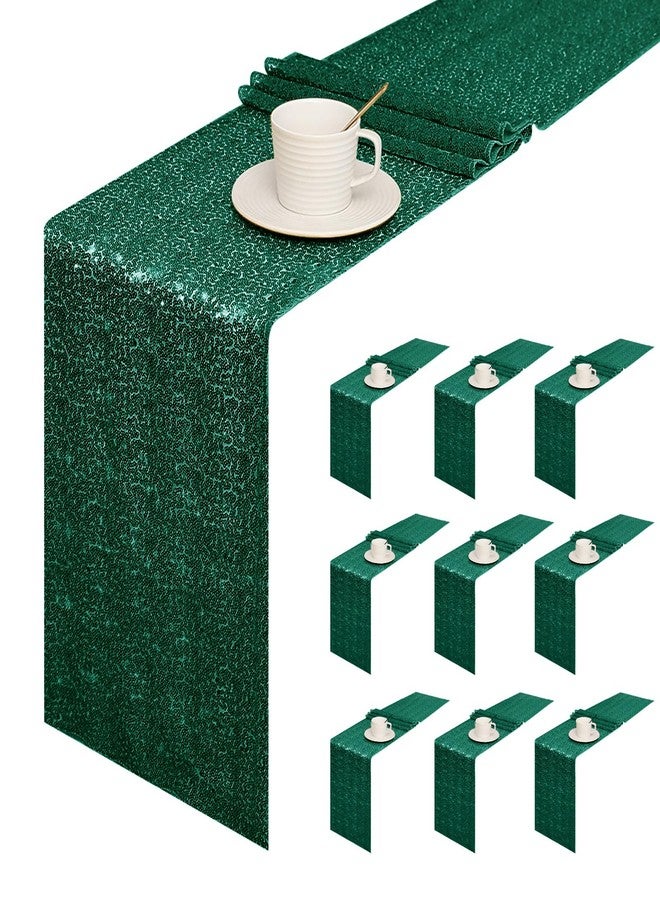 Sugargirl 10 Packs 12 x 72 inches Sequin Table Runner, Glitter Dark Green Table Runner for Birthday Party Supplies Wedding Holiday Celebration Event Decorations - Image 1