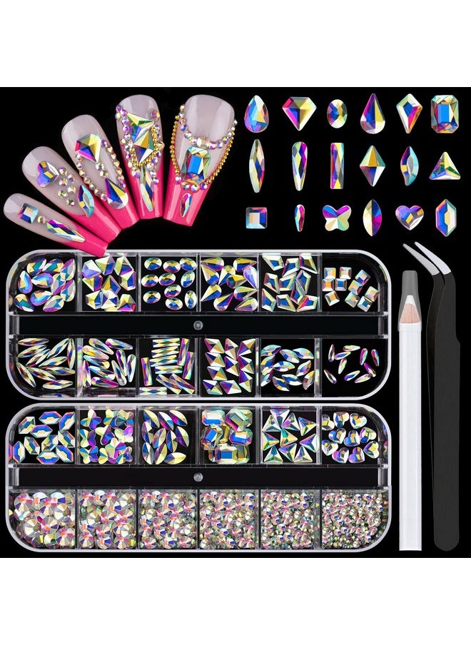 BELLEBOOST 18 Styles Multishaped Glass Gemstones For Nails And 6 Sizes Round Crystal Rhinestones Kit 1 Iridescent Ab Nail Art Charm Bead Manicure Decoration With Pickup Pencil And Tweezer  - Image 1