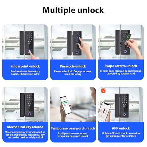 Swokely Smart Lock Glass Door Lock WiFi Remote Unlocking TY APP Fingerprint Password IC Card Mechanical Key Unlocking Methods Door Lock Interchangeable Lock Body Direction for 10-12mm Thickness - Image 4
