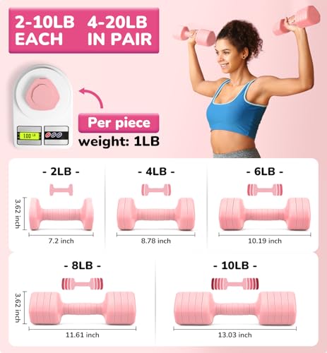 JORICY Adjustable Dumbbell Set of 2, 20LBS Hand Weights for Women Men 5-in-1 Free Weight Dumbbells Sets at Home, Each 2lb 4lb 6lb 8lb 10lb for Home Gym Exercise Workout Strength Training Equipments Pink - Image 4