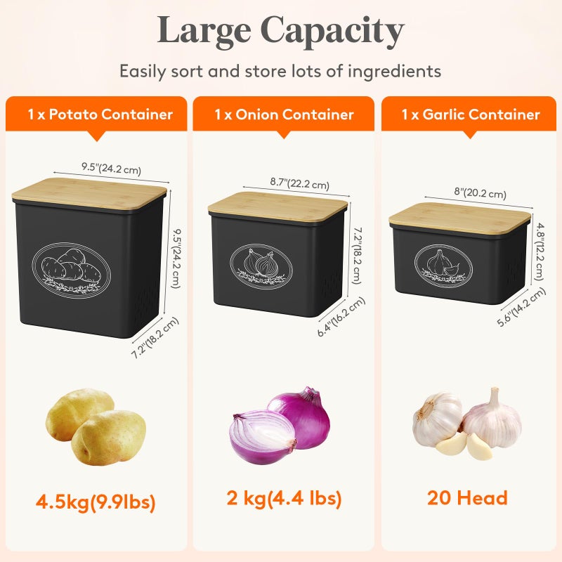 Lifewit Potato and Onion Storage Bin, Stackable Garlic Keeper with Aerating Holes and Lid, Plastic Vegetable Container Box for Pantry Countertop, Black, 24 x 18 x 24 cm/9.5 x 7 x 9.5 inch, Set of 3 - Image 3