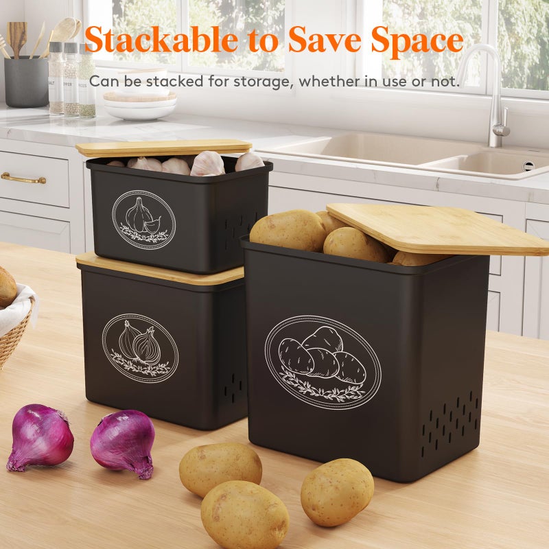 Lifewit Potato and Onion Storage Bin, Stackable Garlic Keeper with Aerating Holes and Lid, Plastic Vegetable Container Box for Pantry Countertop, Black, 24 x 18 x 24 cm/9.5 x 7 x 9.5 inch, Set of 3 - Image 5