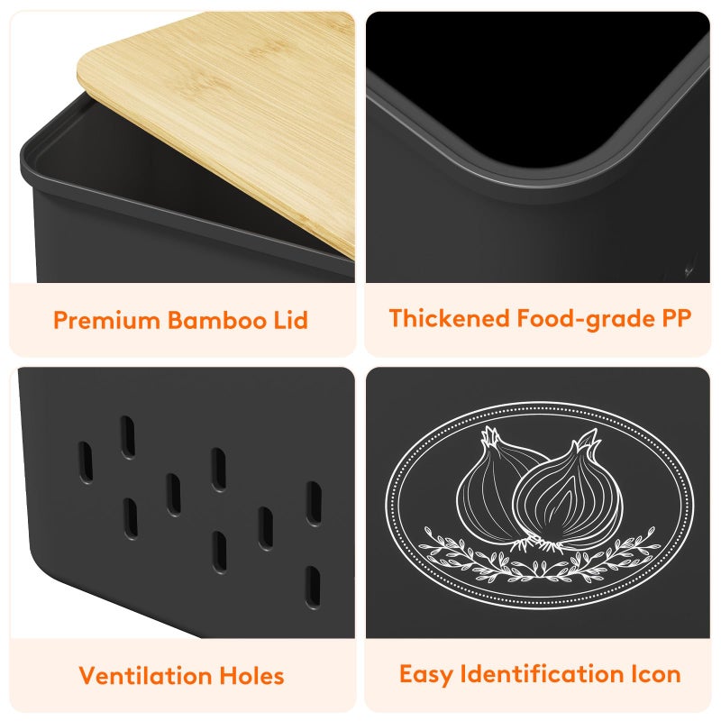 Lifewit Potato and Onion Storage Bin, Stackable Garlic Keeper with Aerating Holes and Lid, Plastic Vegetable Container Box for Pantry Countertop, Black, 24 x 18 x 24 cm/9.5 x 7 x 9.5 inch, Set of 3 - Image 4