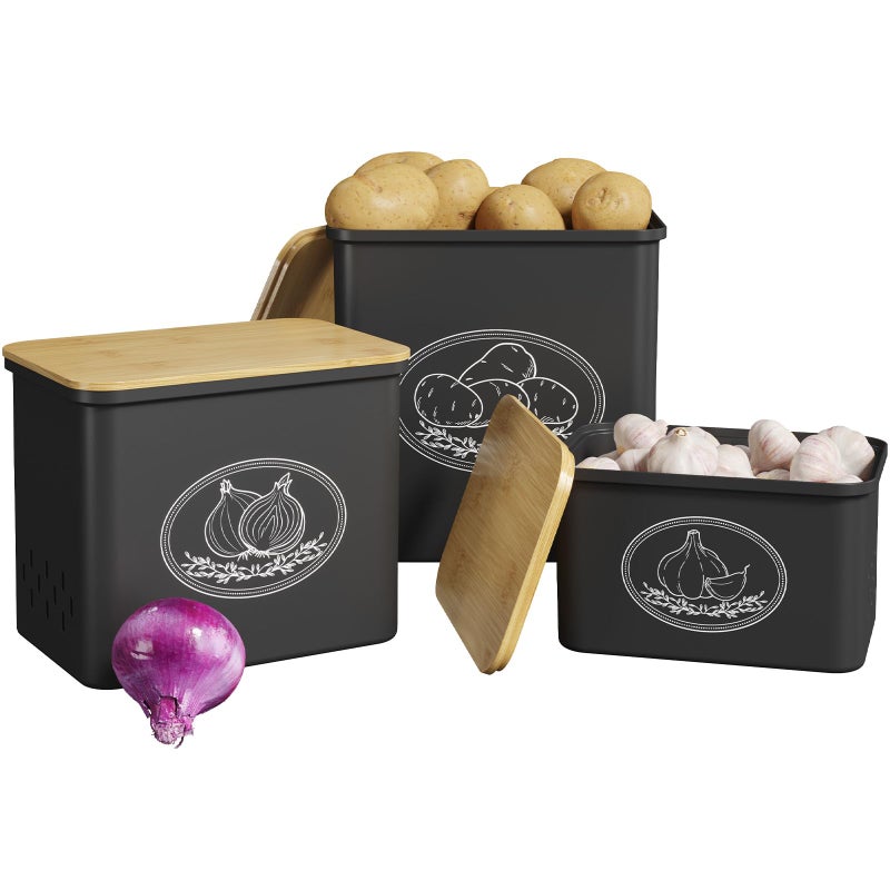 Lifewit Potato and Onion Storage Bin, Stackable Garlic Keeper with Aerating Holes and Lid, Plastic Vegetable Container Box for Pantry Countertop, Black, 24 x 18 x 24 cm/9.5 x 7 x 9.5 inch, Set of 3 - Image 1