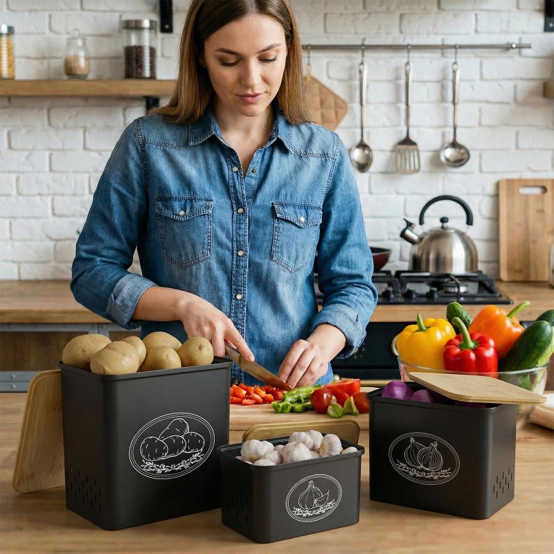 Lifewit Potato and Onion Storage Bin, Stackable Garlic Keeper with Aerating Holes and Lid, Plastic Vegetable Container Box for Pantry Countertop, Black, 24 x 18 x 24 cm/9.5 x 7 x 9.5 inch, Set of 3 - Image 2
