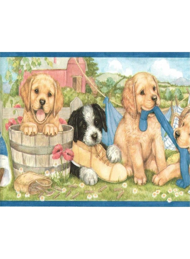 TRIMZ Puppy Laundry Wallpaper Border - Adorable Labrador Puppies & Clothesline, Country Laundry Room Wall Décor, Pre-Pasted, 15 Ft x 7 in - Image 1