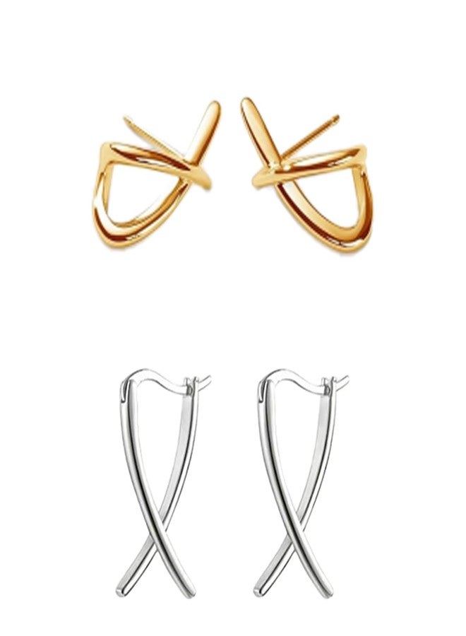 Statement Criss-cross Earrings Gold Color, Simple Huggie Hoop Earrings for Women, Minimalist Stud Earrings Jewelry Gifts (Gold color criss-cross stud earrings) - Image 1