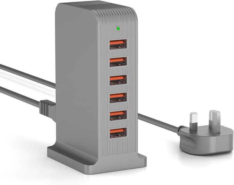 في اتش بي دبليو برج شحن USB بستة منافذ، شاحن بقدرة 25 واط لأجهزة متعددة – آيفون، أندرويد، جهاز لوحي، وغيرها (أبيض) - Image 1
