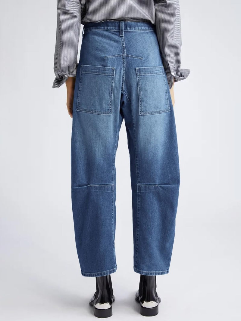 PLNOTME Womens Baggy Barrel Horseshoe Jeans High Waisted Wide Leg Vintage Denim Pants with Front Pockets Blue - Image 2