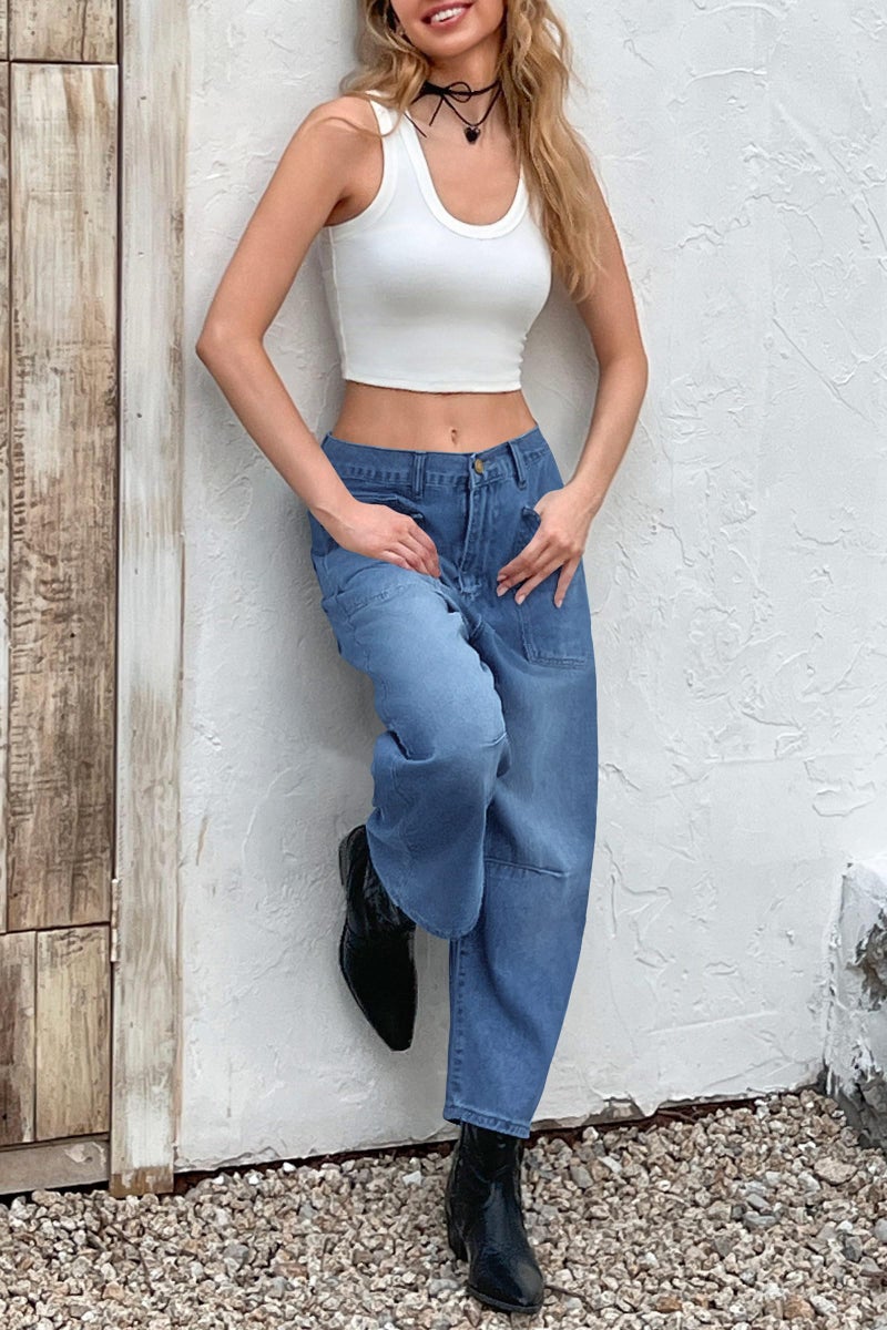 PLNOTME Womens Baggy Barrel Horseshoe Jeans High Waisted Wide Leg Vintage Denim Pants with Front Pockets Blue - Image 5