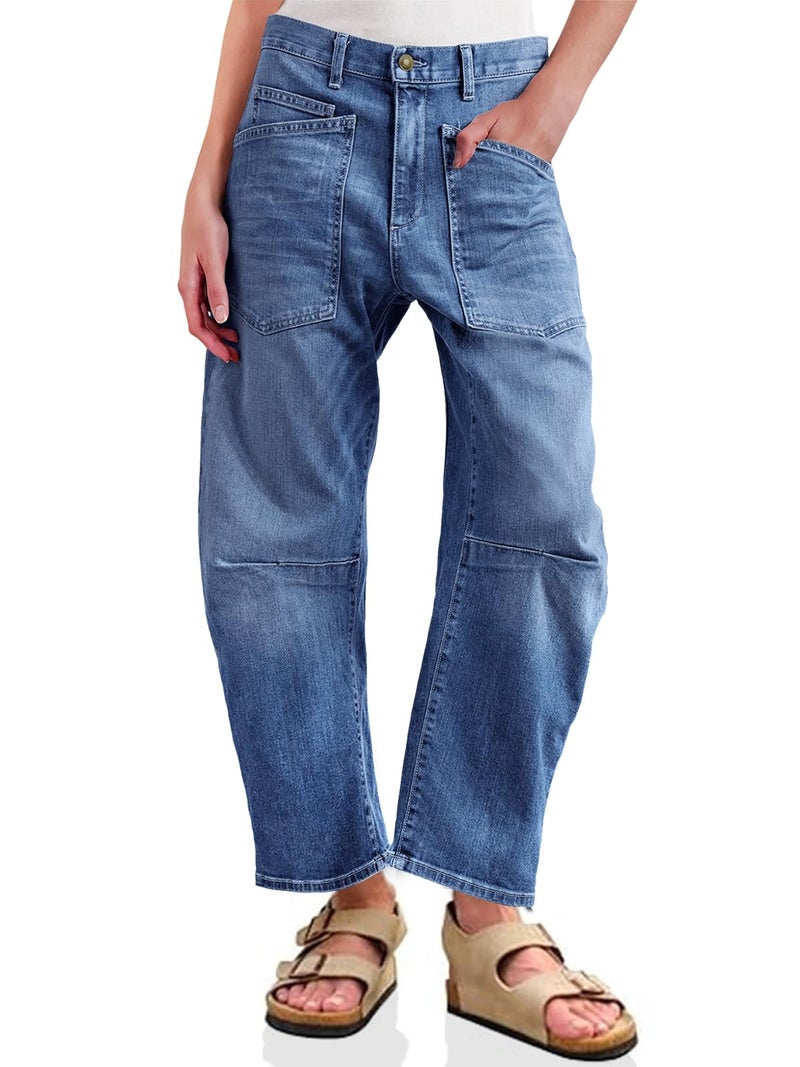 PLNOTME Womens Baggy Barrel Horseshoe Jeans High Waisted Wide Leg Vintage Denim Pants with Front Pockets Blue - Image 1
