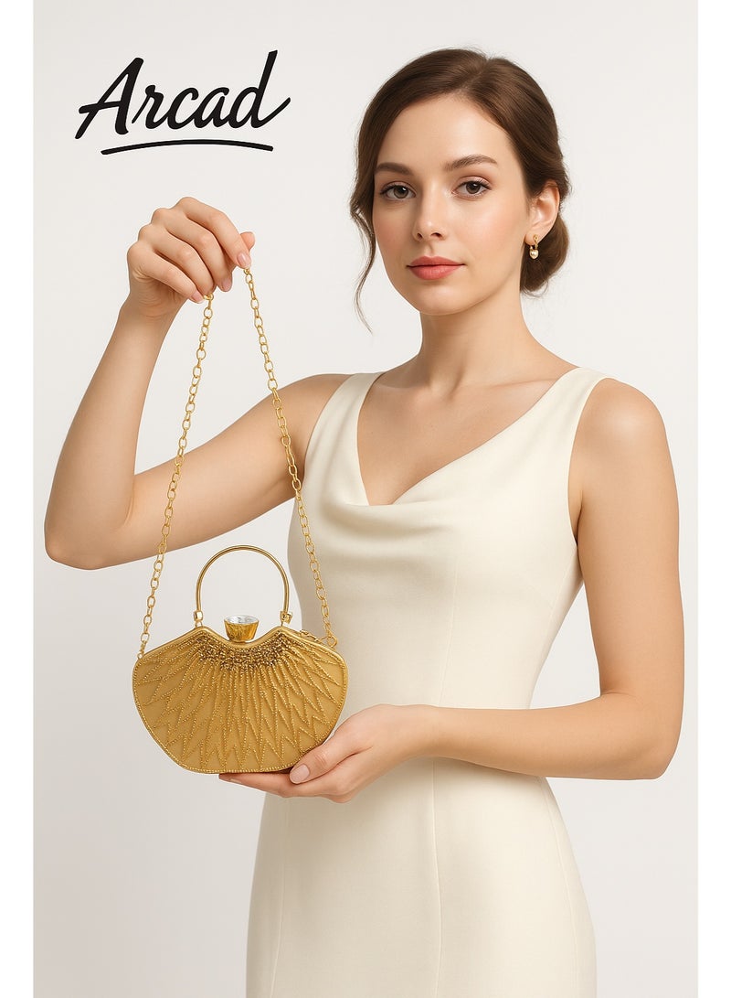 أركاد حقيبة سهرة ذهبية للنساء من Arcad مع قفل مرصع بالألماس ومقبض سلسلة - Image 1