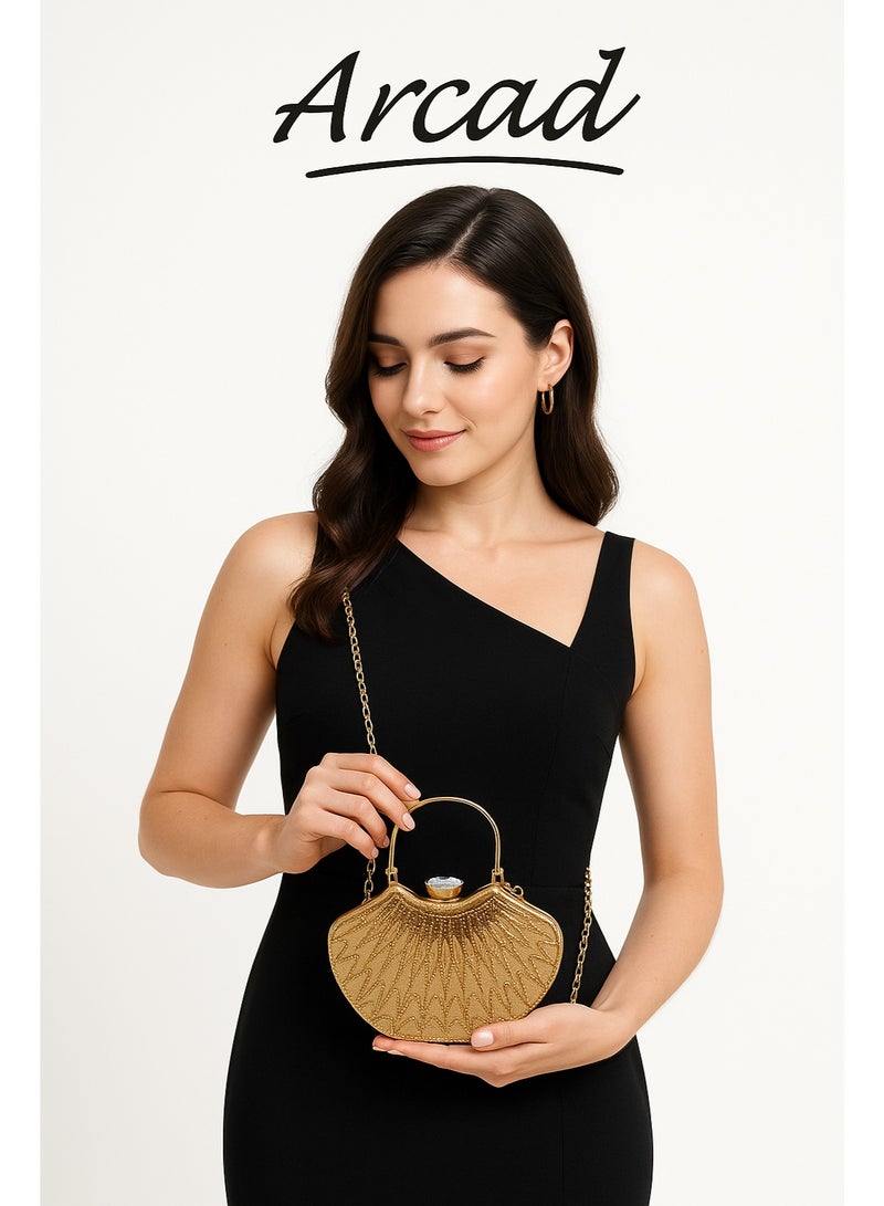أركاد حقيبة سهرة ذهبية للنساء من Arcad مع قفل مرصع بالألماس ومقبض سلسلة - Image 2