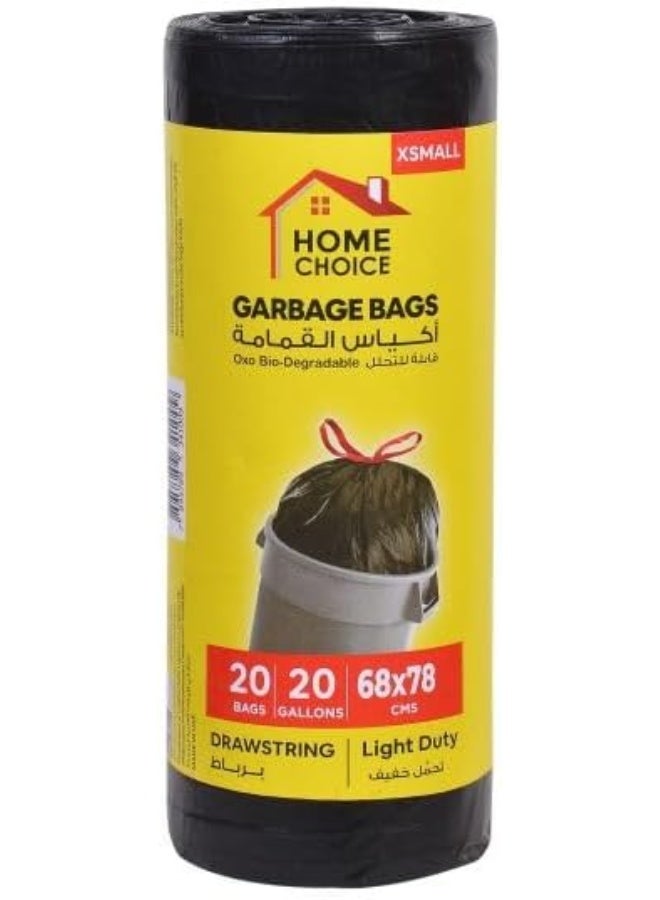 20 Gallons, Pack of 20 Drawstring Trash Bags, Drawstring Garbage Bags Rolls, Bio-Degradable, Size 78 x 68 cm, Bin Liners with Ribbon Neck Tie