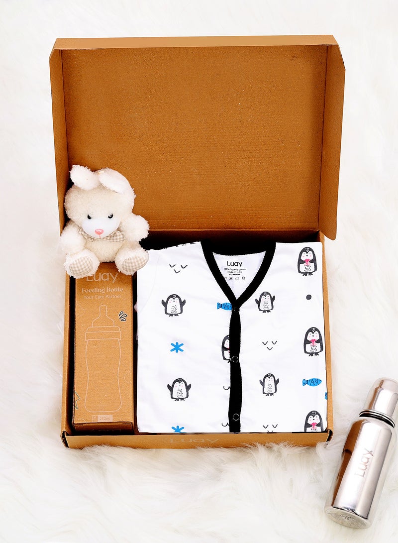 LUAY Premium Gift Box Set with The Baby Romper, Baby Feeding Bottle and Teddy Bear Best Hamper for Babies (6-9 M) - Image 1