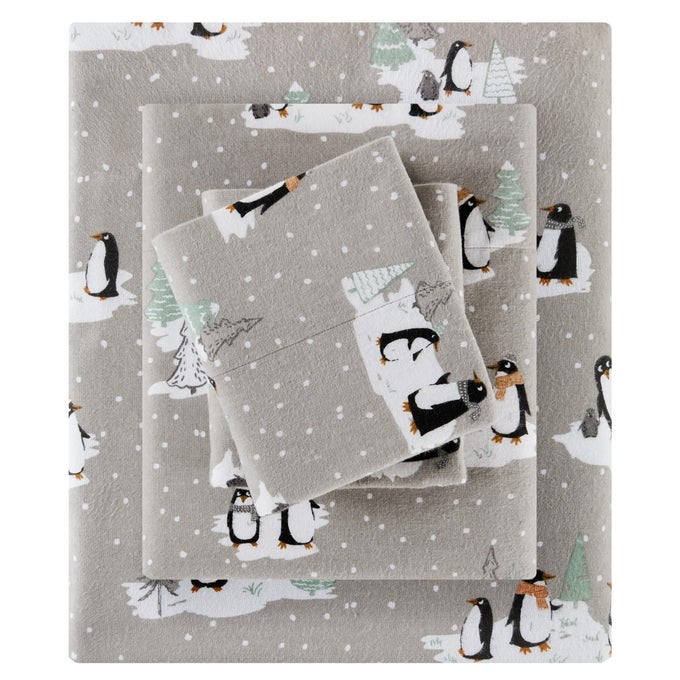 TRUE NORTH BY COZY FLANNEL WARM 100 COTTON SHEET NOVELTY PRINT ANIMALS STARS CUTE ULTRA SOFT COLD WEATHER BEDDING SET QUEEN GREY PENGUINS
