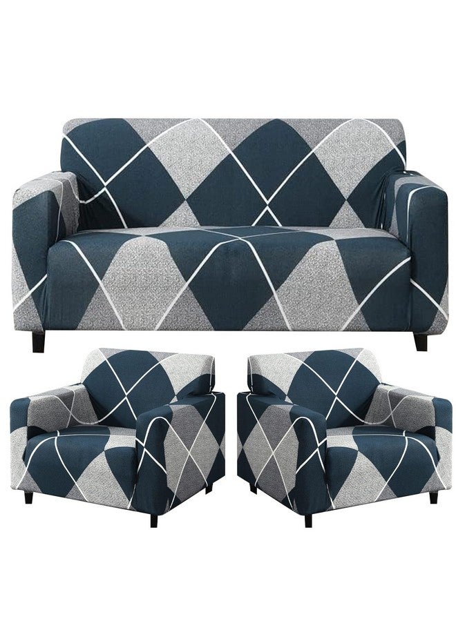B BESTILO Sofa Cover 3 Seater and 2 Seater Fully Covered Universal 5 Seater Sofa Cover Non-Slip Sticky Elastic Stretchable Sofa Set Slipcover Protector for (Blue Rhombus, Five Seater (3+1+1)) - Image 1