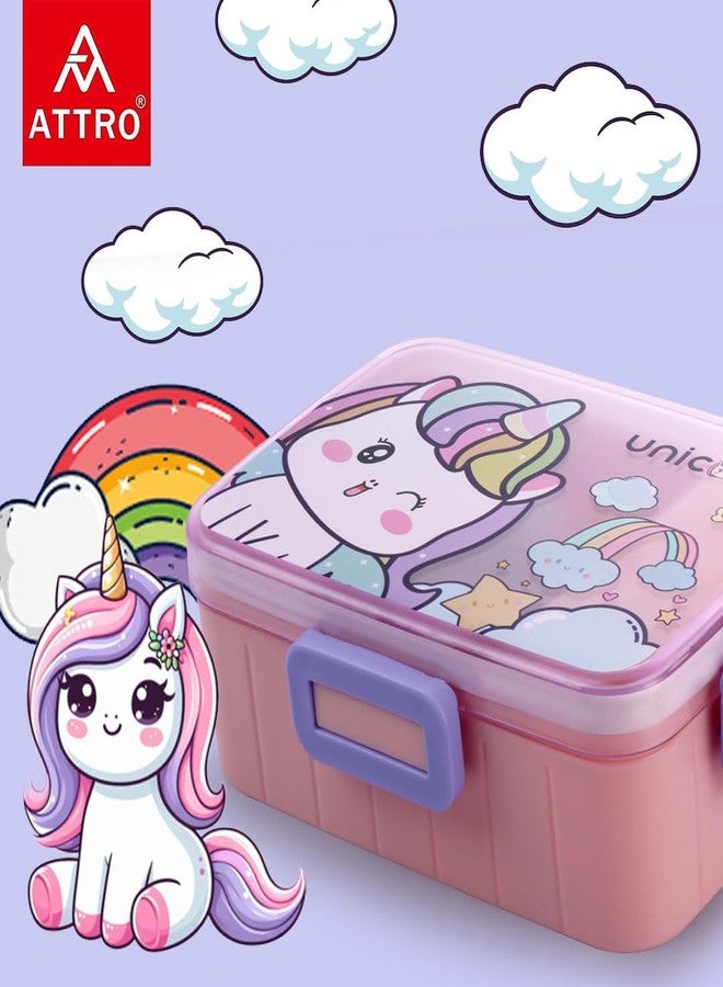 ATTRO Quick 2 Lunch Box Unicorn Theme with Includes 2 Compartments, 1 Small Container & Baby Spoon, BPA-Free, Food-Grade Perfect for Kids - Pink 600ml, Plastic - Image 2