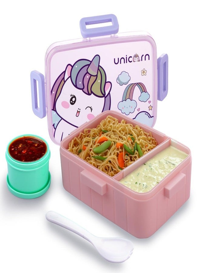 ATTRO Quick 2 Lunch Box Unicorn Theme with Includes 2 Compartments, 1 Small Container & Baby Spoon, BPA-Free, Food-Grade Perfect for Kids - Pink 600ml, Plastic - Image 1