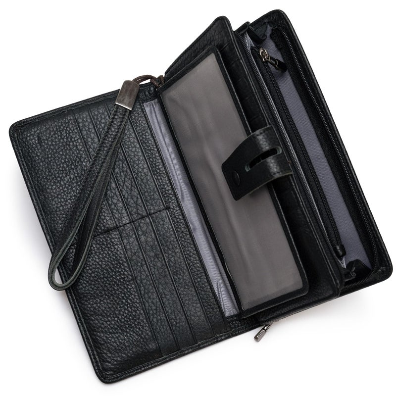 Bveyzi Womens Big Fat Rfid Leather Wristlet Wallet Organizer Large Phone Checkbook Holder with Zipper Pocket Black