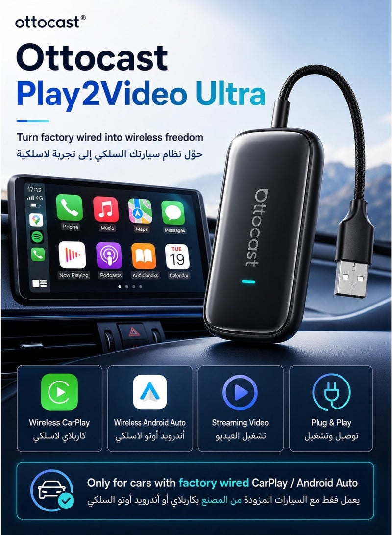 Ottocast Play2Video Ultra Wireless CarPlay & Android Auto Adapter, 4GB+32GB, Streaming Apps, Plug & Play Car Multimedia Box - Image 1